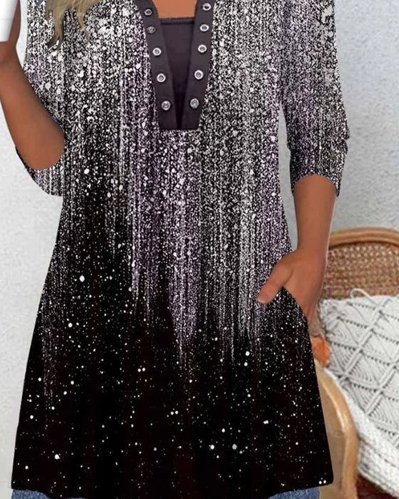 Long-Sleeved Collared Printed Blouse