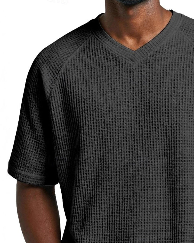 Men's Waffle V-Neck Tee, Solid Color Casual Short Sleeve Top