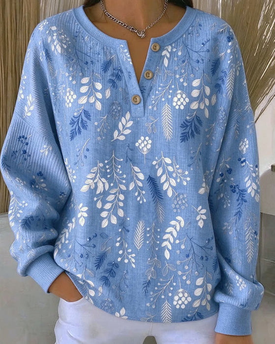 Waffle Henry Collar Floral Print Sweatshirt