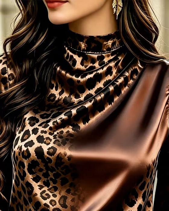 Mock Neck Leopard Contrast Drape Blouse