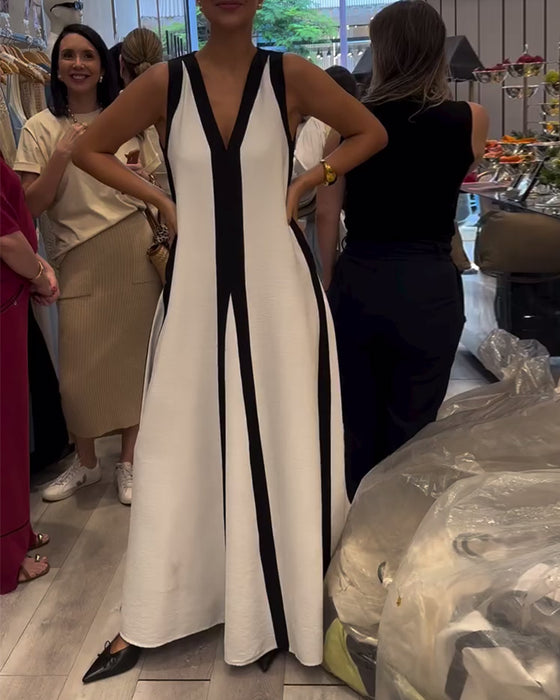 V-Neck Sleeveless Colorblock Loose Dress
