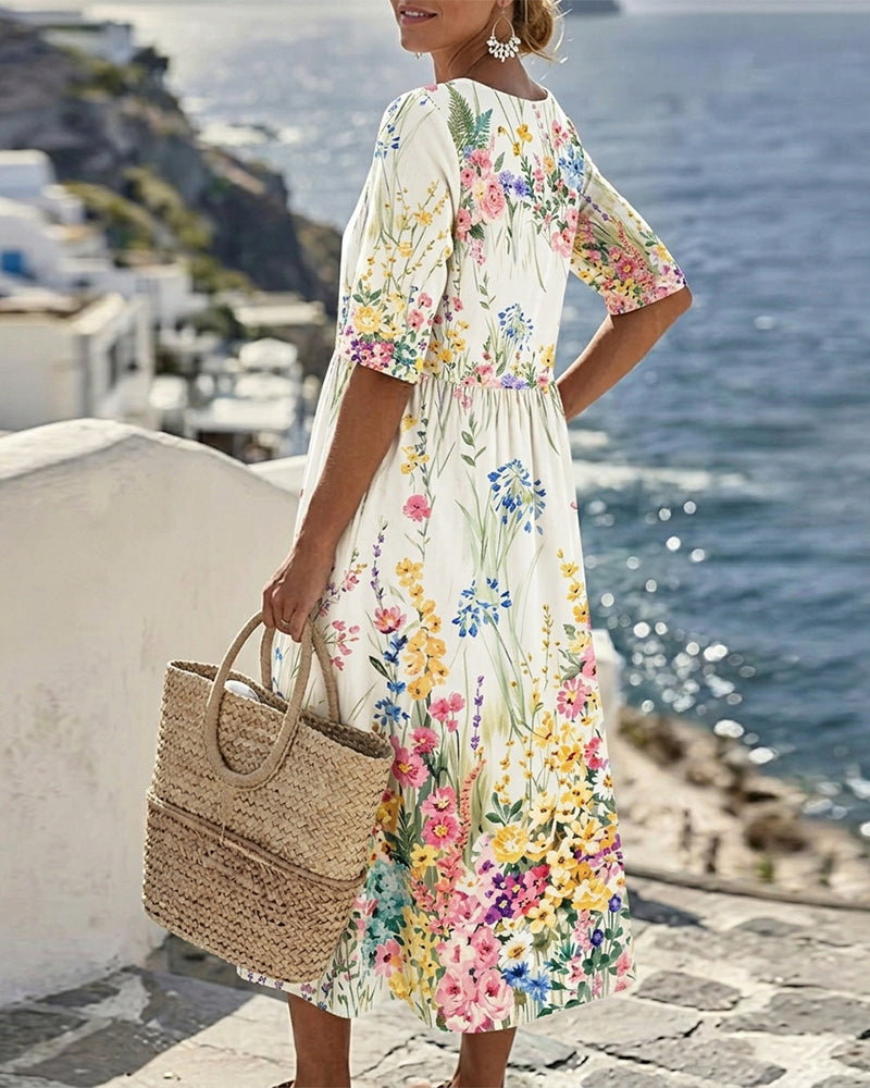 Round Neck Watercolor Floral Dress