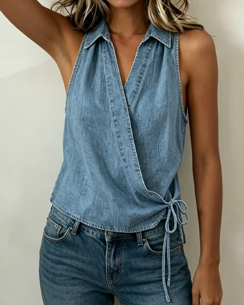 Sleeveless Tie-Front Denim Shirt