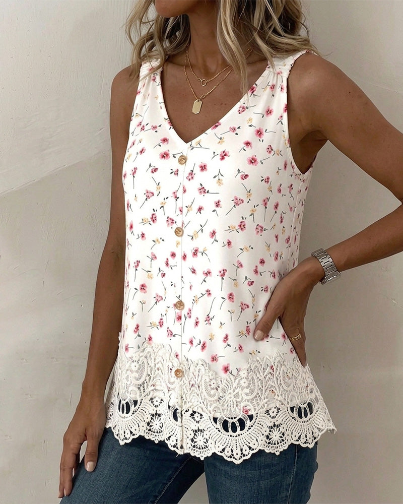 V-Neck Spaghetti Strap Floral Lace Patchwork Tank Top