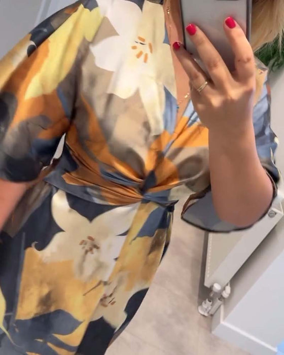 Floral print twist v neck elegant dress