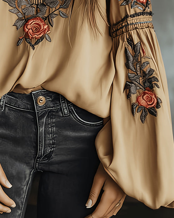 Rose Print V-Neck Bohemian Blouse