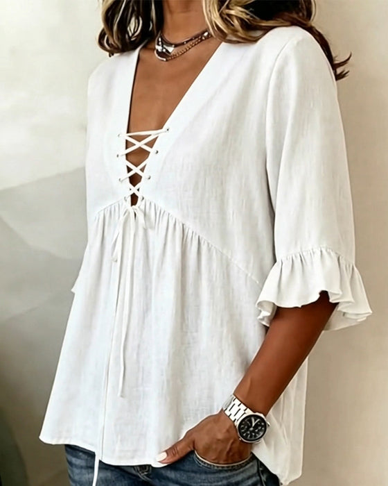 Solid V-Neck Ruffle Blouse