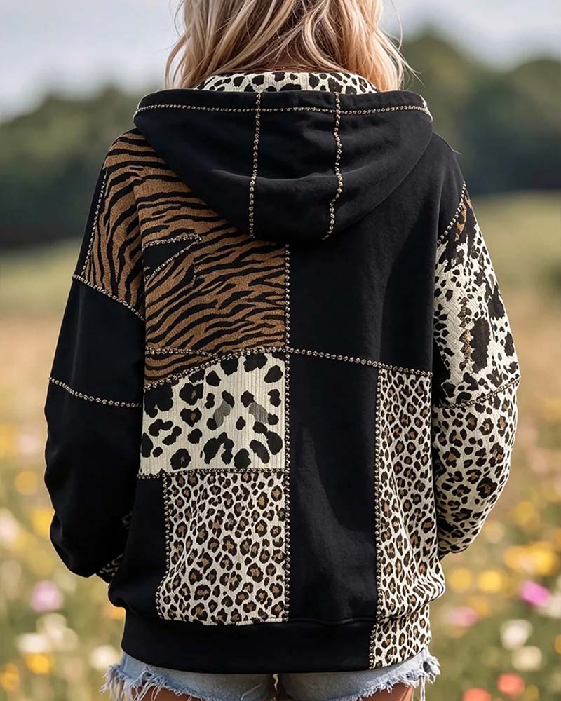 Leopard Print Patchwork Casual Hoodie