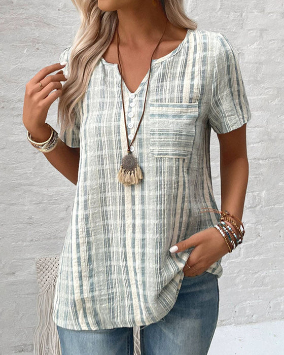 Casual V Neck Striped Plaid T-Shirt