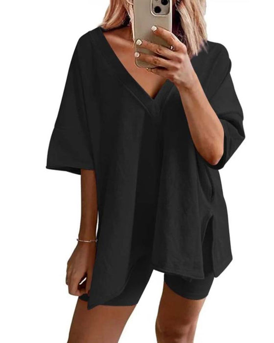 Solid Color V-Neck Sportswear Two-Piece Set