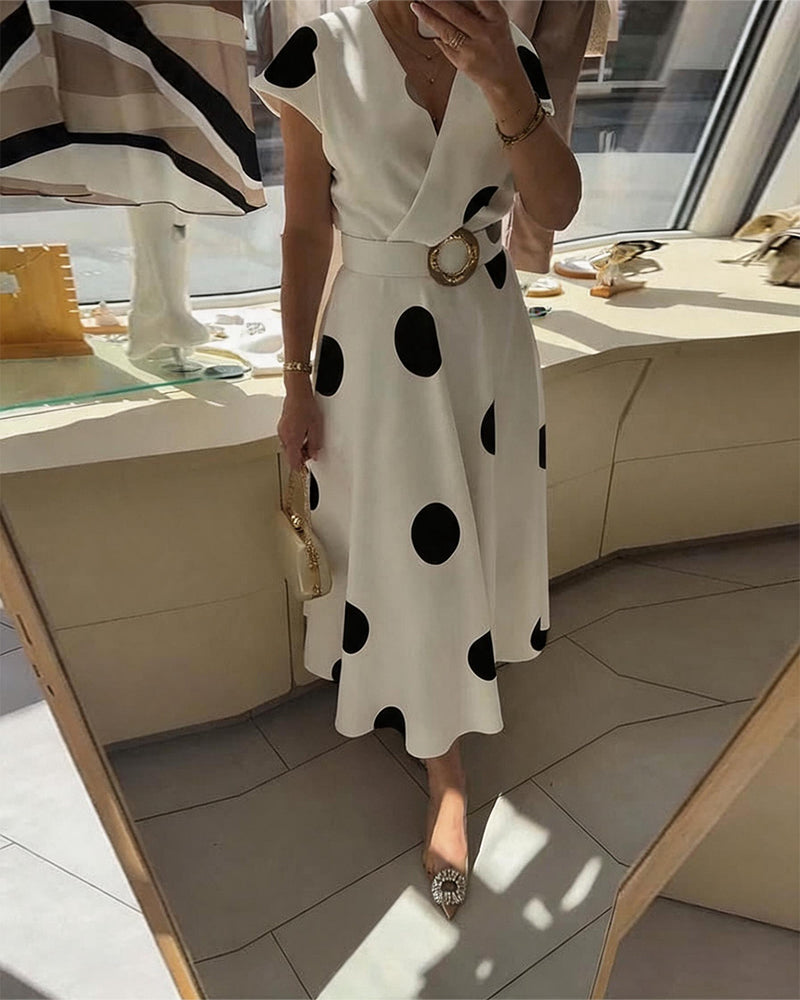 Polka Dot V-Neck Waist-Cinching Dress