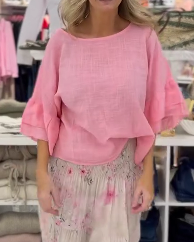 Loose Fit Crewneck Ruffle Sleeve Blouse
