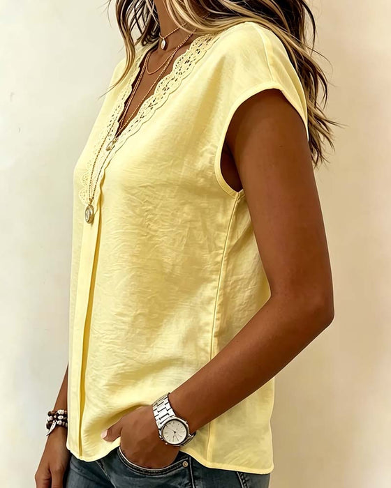 V-Neck Lace Patchwork Casual Blouse