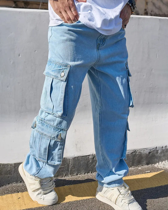 Men's Loose Solid Flap Pocket Cargo Denim Jeans