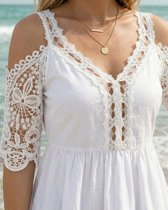 Cold Shoulder V-Neck Lace Patchwork Blouse