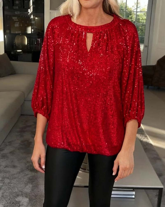 Sequined Loose Three-Quarter Sleeve Blouse