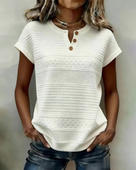 Button Small V-Neck Cable Short-Sleeved T-Shirt