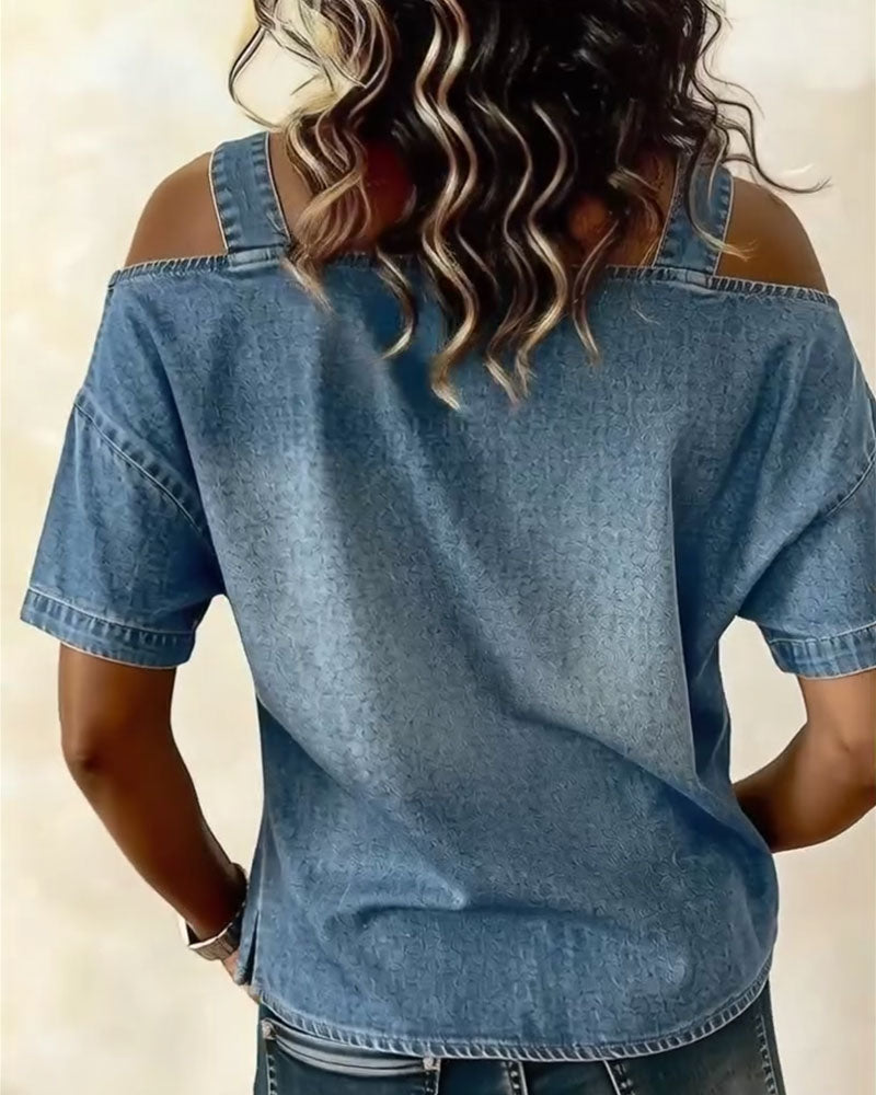 Off-Shoulder With Shoulder Strap Denim Blouse