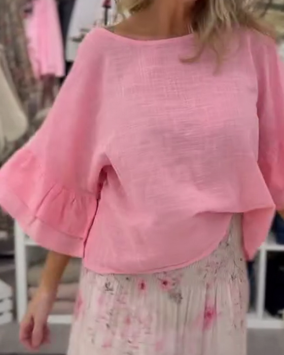 Loose Fit Crewneck Ruffle Sleeve Blouse