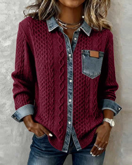 Long-Sleeved Denim Patchwork Shirt