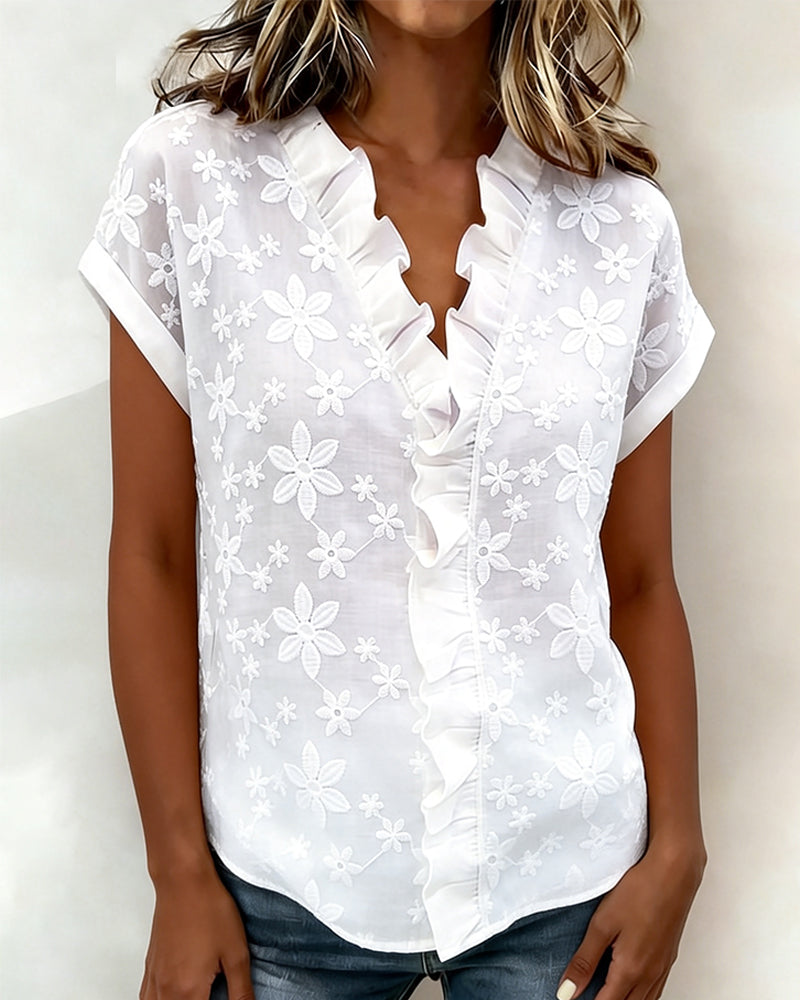 Short Sleeve Ruffle V-Neck Blouse
