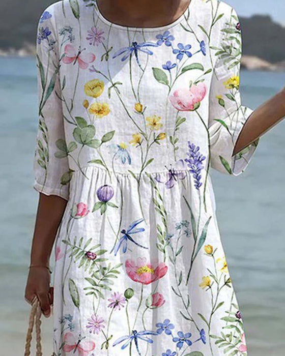 Short Sleeve Floral Crew Neck A-Line Dress