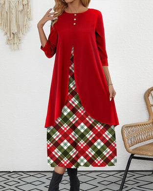Red fake 2in1 plaid a line velvet dress