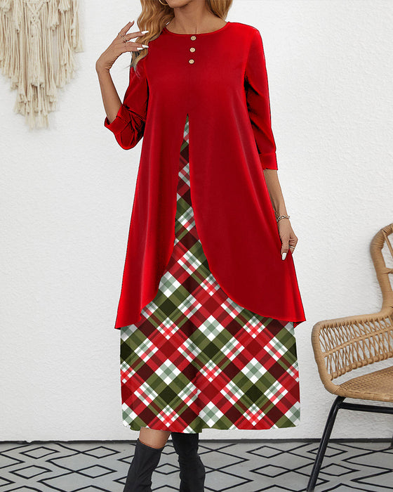 Red fake 2in1 plaid a line velvet dress