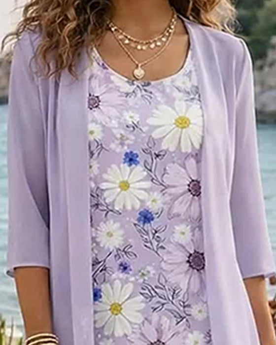 Floral Sleeveless Dress Cardigan Two-Piece Sets