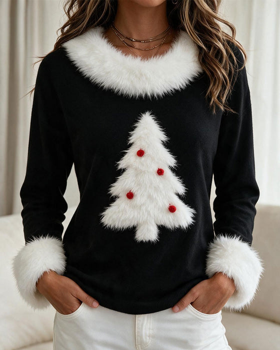 Crew Neck Christmas Tree Color-Block Top