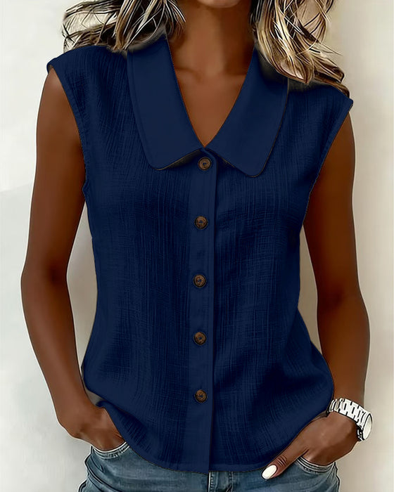 Sleeveless Lapel Linen-Cotton Shirt