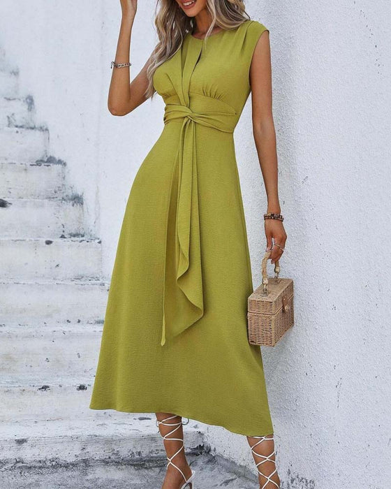 Solid Color Cinched Waist Tie Dress