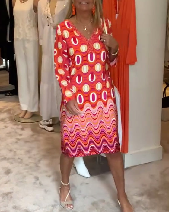 Casual loose printed V-neck long-sleeve dress