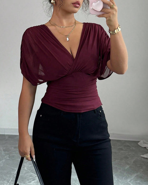 Solid Color Deep V-Nee Waist Short Sleeve Blouse