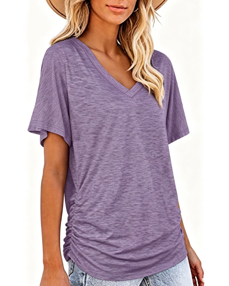 Pleated Solid Color V-Neck T-Shirt