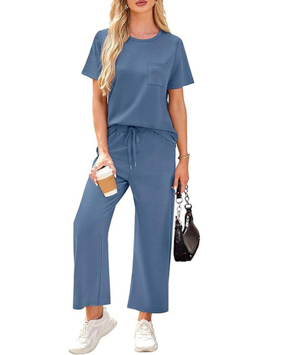 Solid Color Short Sleeve and Long Pants Set