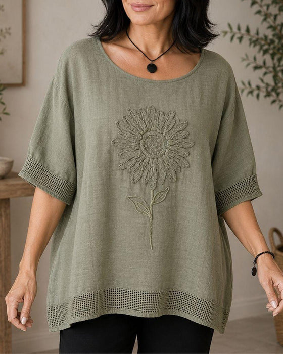 Sunflower Embroidered Loose Blouse