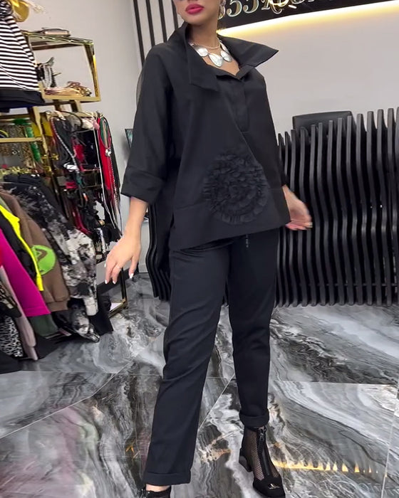 Lapel lace stitching flower blouse