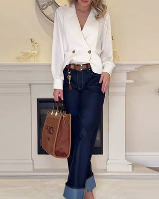 Solid Color Elegant Suit Collar Top