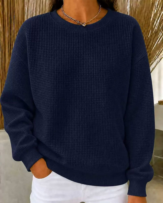 Waffle Knit Solid Crewneck Top