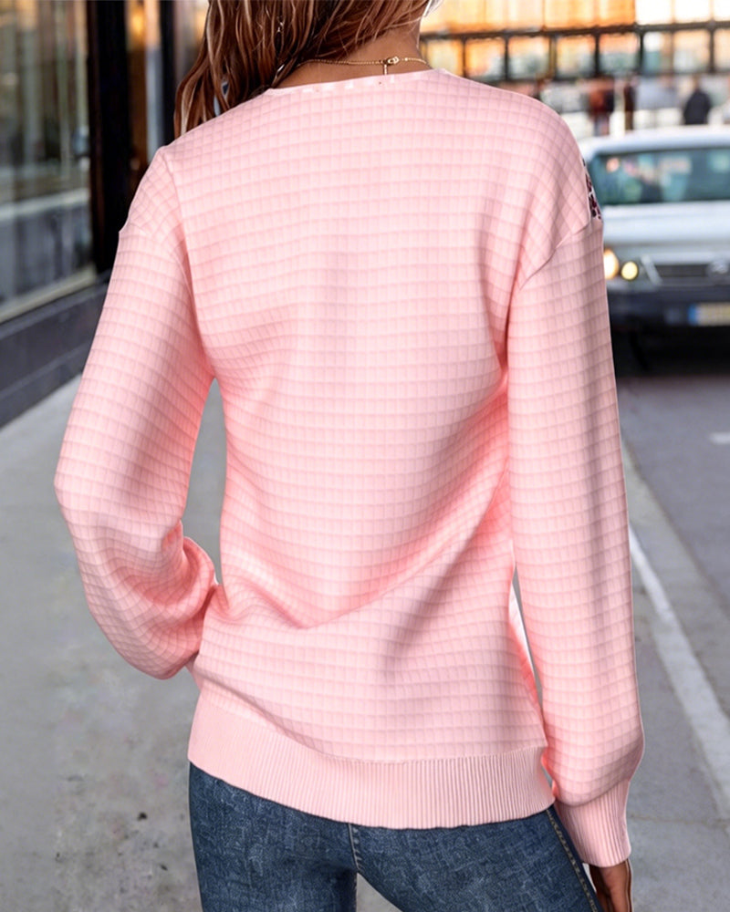 Button V-Neck Plaid Stripe Sweatshirt