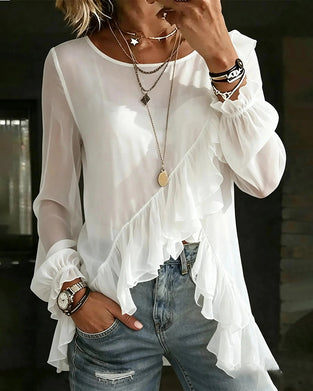 Bias Cut Ruffle Long Sleeve Blouse