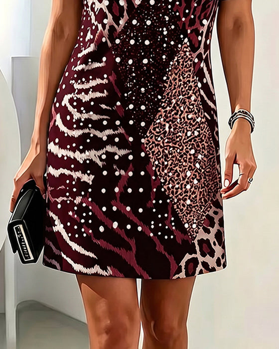 Leopard Print Crew Neck Short Sleeve Patchwork Dress