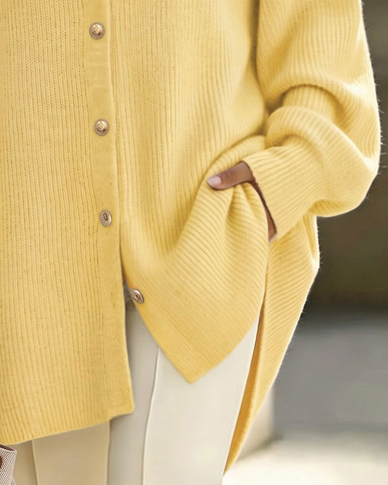 Lapel Button Lantern Sleeve Drop Shoulder Cardigan