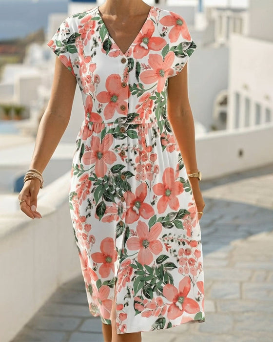 Floral Print V-Neck Short-Sleeve Dress