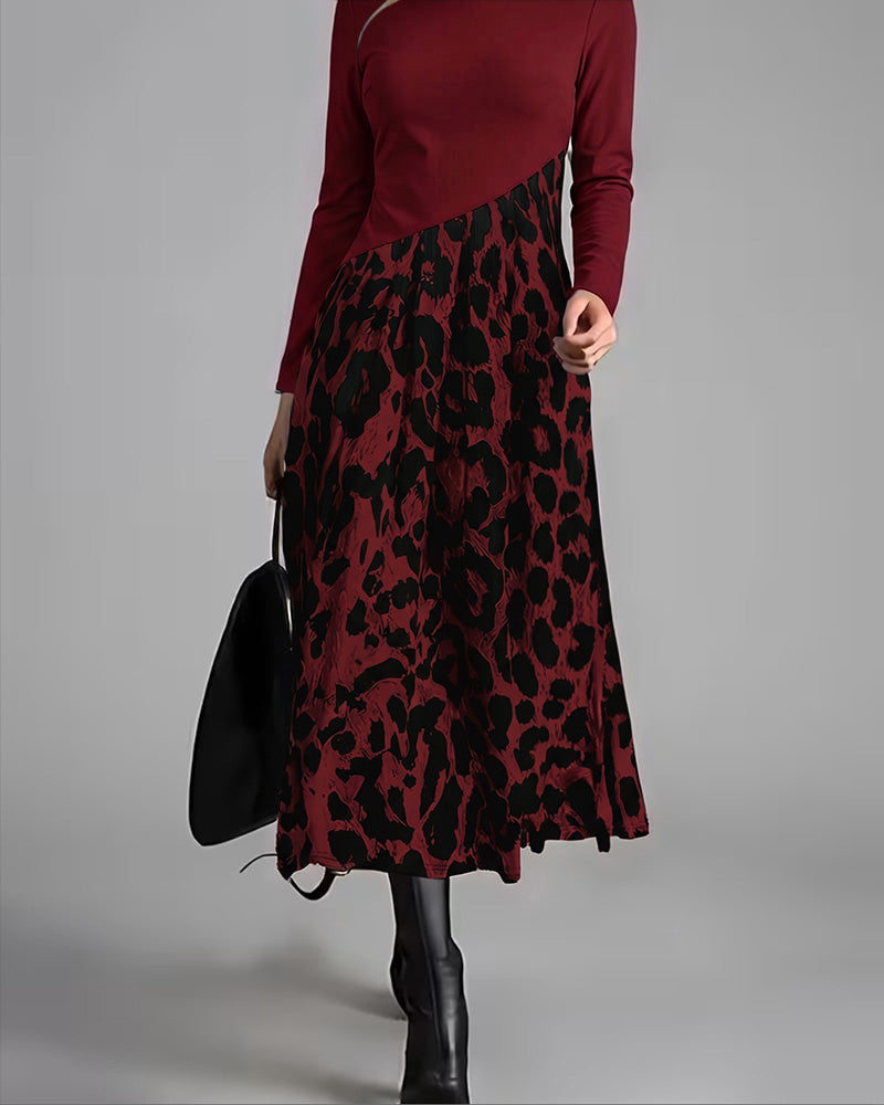 Crew Neck Leopard Full Skirt Dress