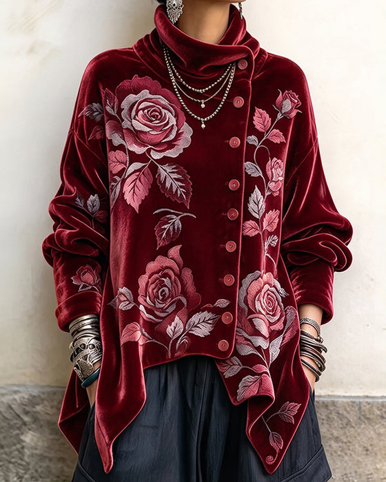Rose Print Button Irregular Top
