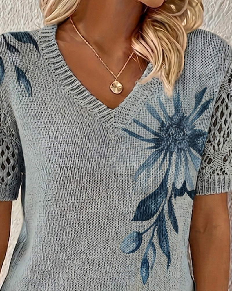 V-Neck Knitted Floral Pullover