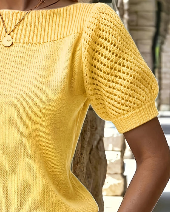 Solid Color Puff Sleeve Short Pullover