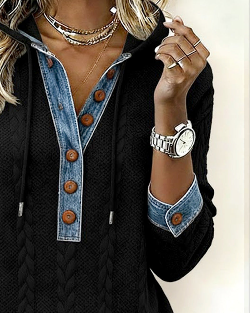 Color-Blocked Button Long-Sleeved Hooded